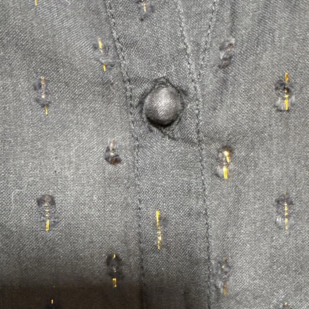 Sezane Black Blouse 34 US 2 Gold Metallic Accents Button Front Long Sleeve Chic